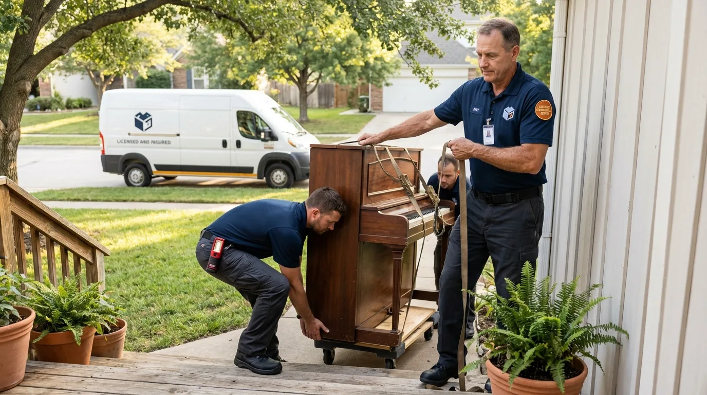 Licensed piano movers securing grand piano in Elkins, AR
